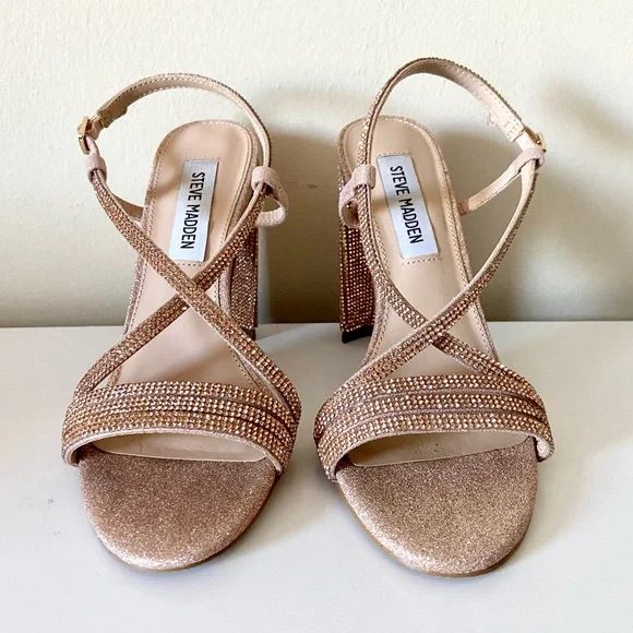 Steve Madden David’s Bridal Shirah Crystal Block Heels Size 5.5 Pink Rose Gold - Picture 3 of 10